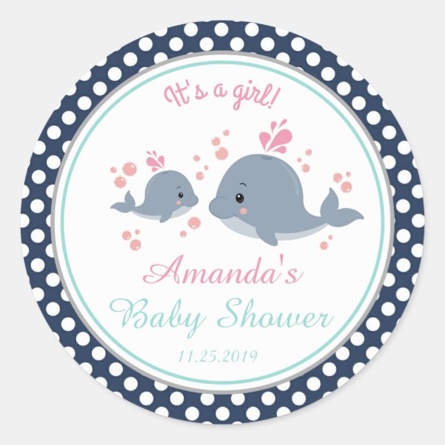 Whales Girl Baby Shower Thank You Favour Classic Round Sticker (Front)