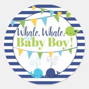 Whales It's A Boy Baby Announcement Navy Striped Classic Round Sticker