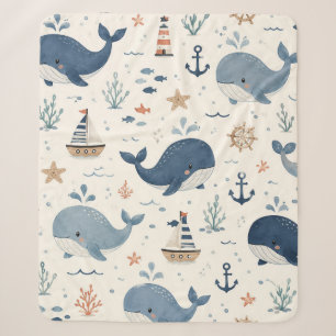 Whales & Nautical Ocean Nursery Seamless Pattern Sherpa Blanket