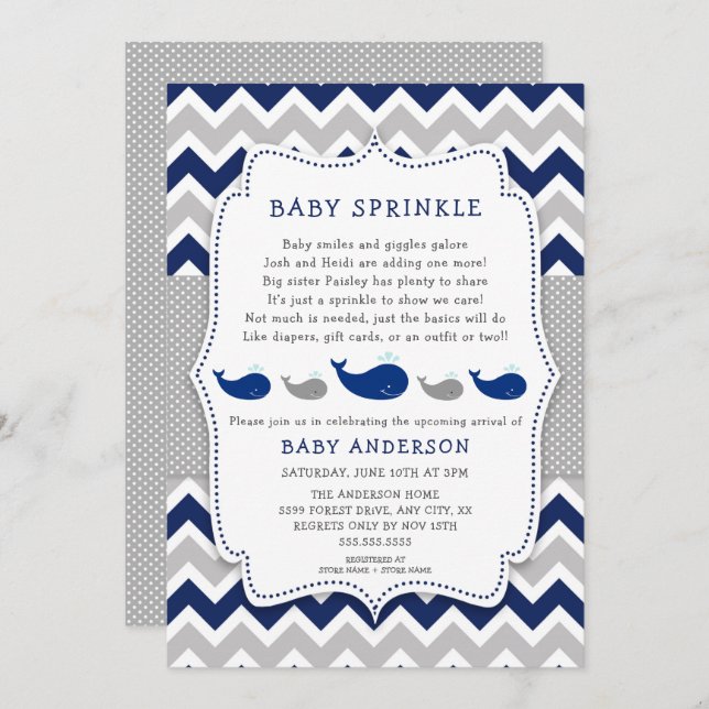 Whales Navy Grey baby sprinkle invitation (Front/Back)