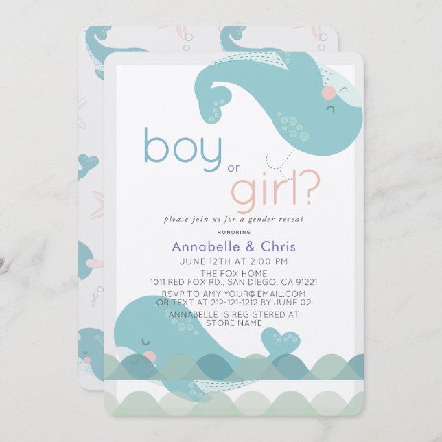 Whales on the Waves Gender Reveal Invitation (Front/Back)