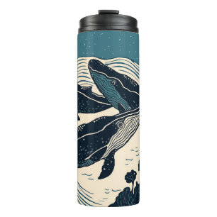 Whales Sea Ocean Nova Scotia Linocut Tea Coffee Thermal Tumbler