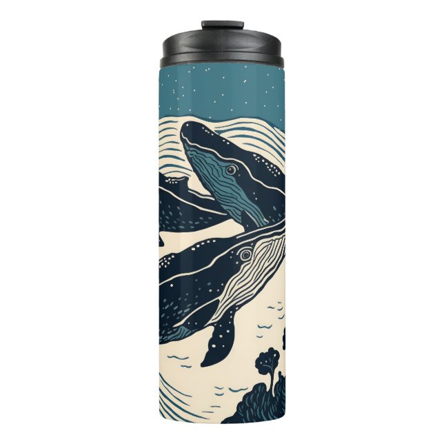 Whales Sea Ocean Nova Scotia Linocut Tea Coffee Thermal Tumbler (Front)