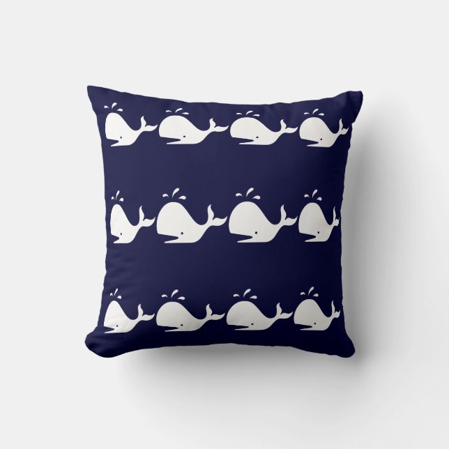 Whales stripes WHITE on NAVY BLUE PILLOW (Front)
