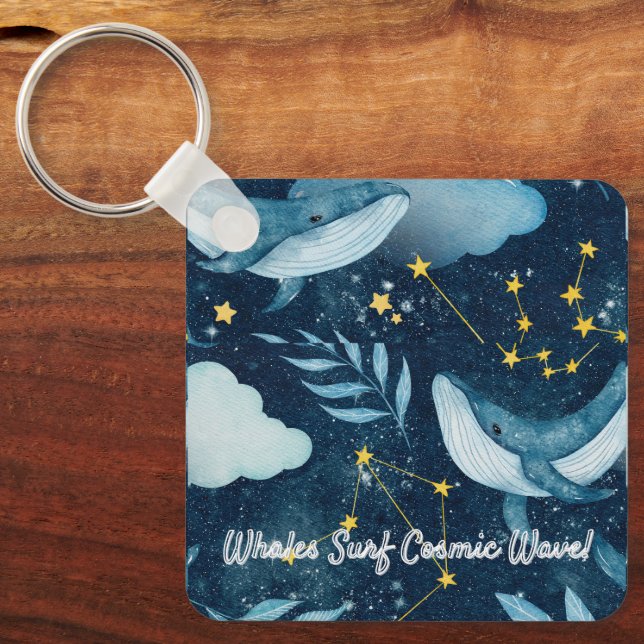 Whales Surf Cosmic Waves Blue Constellation Design Key Ring (Front)