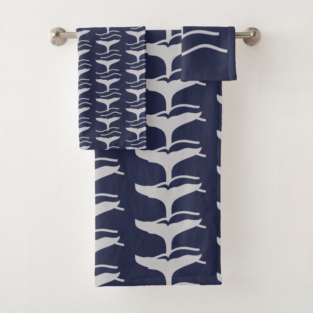 Whales Tail Pattern Navy and Grey Bath Towel Set (Insitu)