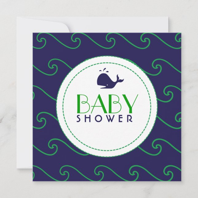 Whales Tale & Wavy Green & Navy Invitation (Front)