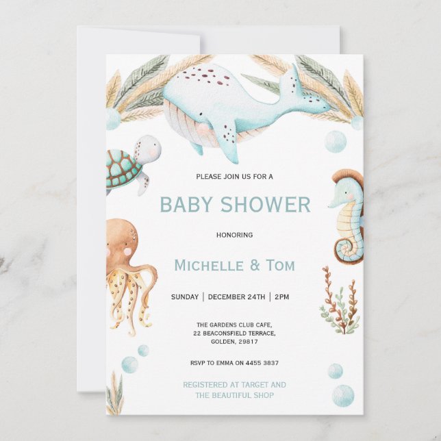 Whales Under the Sea Watercolor Baby Shower Invitation (Front)