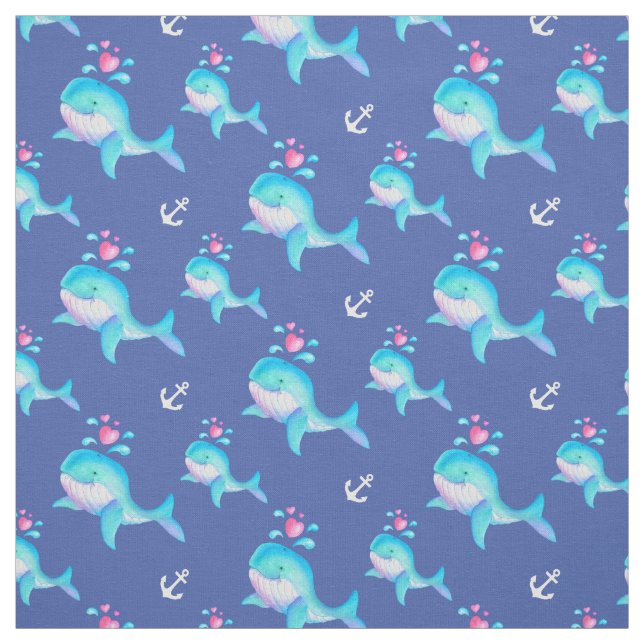 Whales watercolor and anchors art pattern fabric (Swatch)