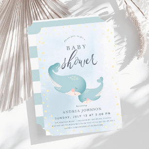Whales Watercolor Blue Boy Baby Shower Invitation