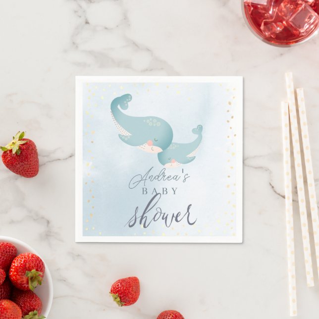 Whales Watercolor Blue Boy Baby Shower Napkin (Insitu)