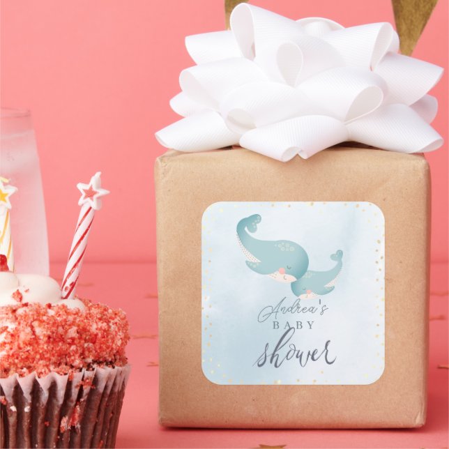 Whales Watercolor Blue Boy Baby Shower Square Sticker (Party)