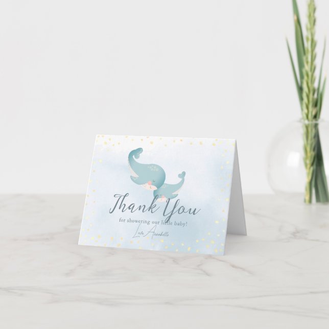 Whales Watercolor Blue Boy Baby Shower Thank You Card (Front)