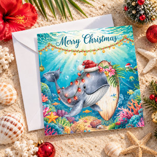 Whales wears Santa Hat with Surf Board Christmas Card
