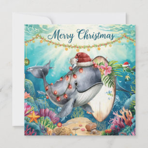Whales wears Santa Hat with Surf Board Christmas Card