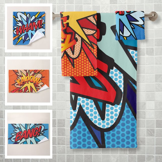 WHAM BANG KAPOW Fun Retro Comic Book Pop Art Bath Towel Set (WHAM BANG KAPOW Fun Retro Comic Book Pop Art Bath Towel Set)