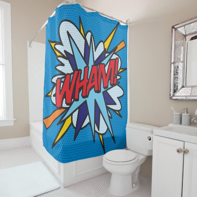 WHAM Fun Retro Comic Book Pop Art Shower Curtain (In Situ)