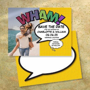 WHAM Photo Save the Date Fun Modern Comic Book Announcement Postcard