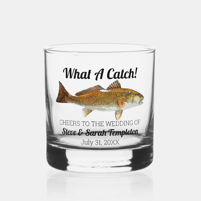 What a Catch Fishing Redfish Wedding Date Favour Whiskey Glass (Front)