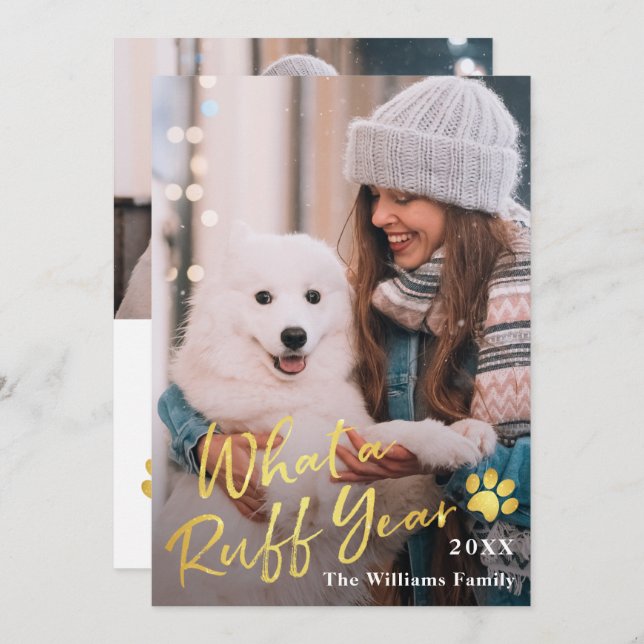 What a Ruff Year Pet Dog Puppy 2 Photo Greeting Holiday Card (Front/Back)