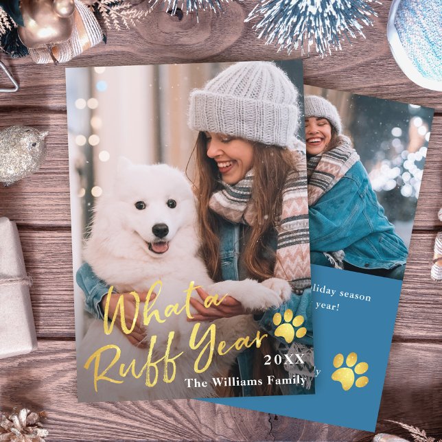 What a Ruff Year Pet Dog Puppy 2 Photo Royal Blue Holiday Card (Creator Uploaded)