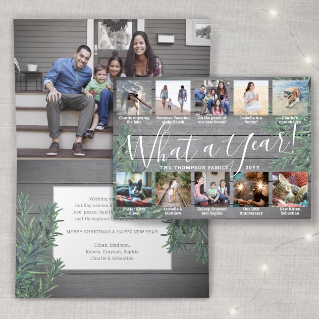 What a Year! 11 Photo Christmas Greenery & Wood Holiday Card (Creator Uploaded)