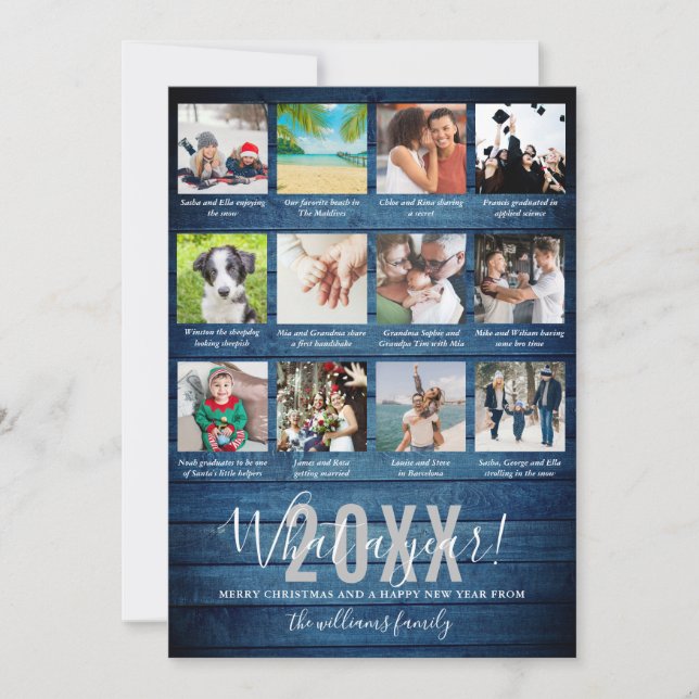 What A Year 12 Photo Collage Captions Blue Wood  Holiday Card (Front)