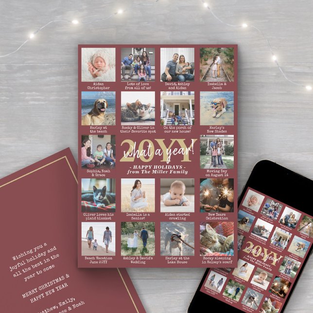 What a Year 18 Photo Collage and Captions Burgundy Holiday Card (Creator Uploaded)