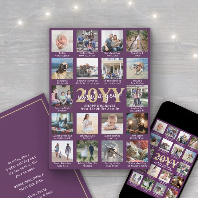 What a Year 18 Photo Collage and Captions Purple Holiday Card (Creator Uploaded)