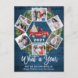 What a Year 2021 Christmas Red Farm Truck 6 Photo Holiday Postcard