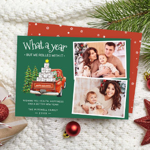 What A Year 2021 Red Truck Christmas Tree 2 Photo Holiday Card