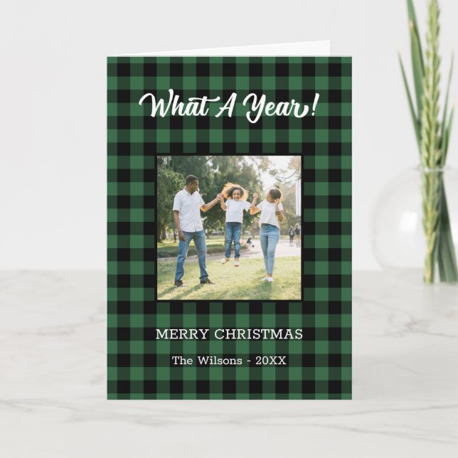 What A Year 2 Photo Christmas Green Buffalo Check Holiday Card (Front)