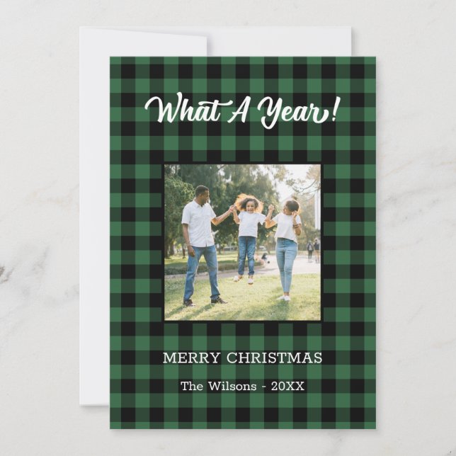 What A Year 2 Photo Christmas Green Buffalo Check Holiday Card (Front)