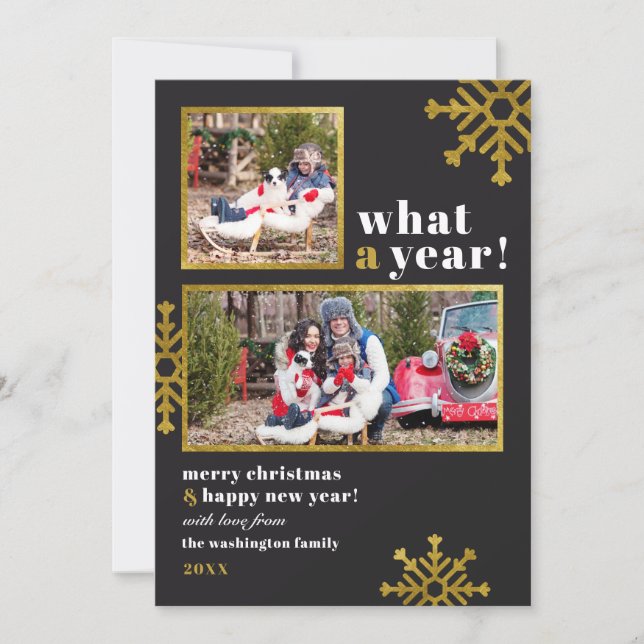 What A Year! | Black & Gold Foil Christmas Photo Holiday Card (Front)