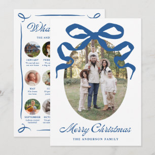 What a Year Blue Bow Year in Review Oval Photo Holiday Card