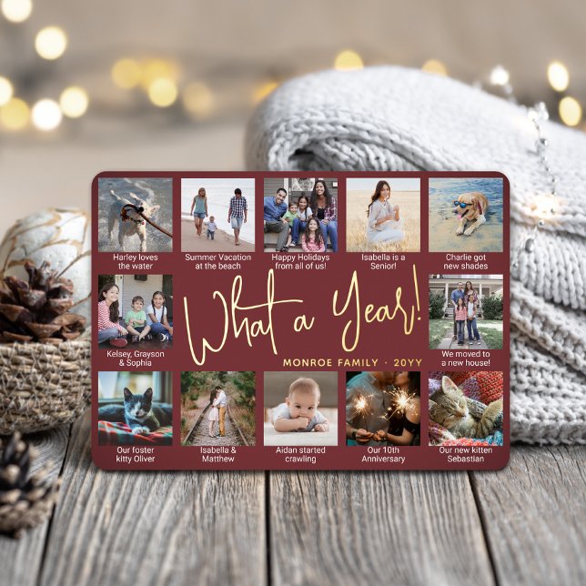 What a Year! Burgundy 12 Photo Collage & Captions Foil Holiday Card (Creator Uploaded)