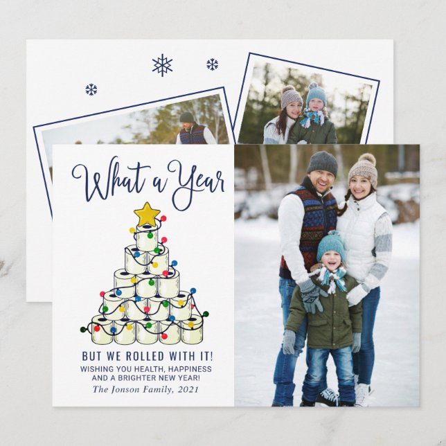 What a Year Christmas 3 Photo Greeting Holiday Card (Front/Back)
