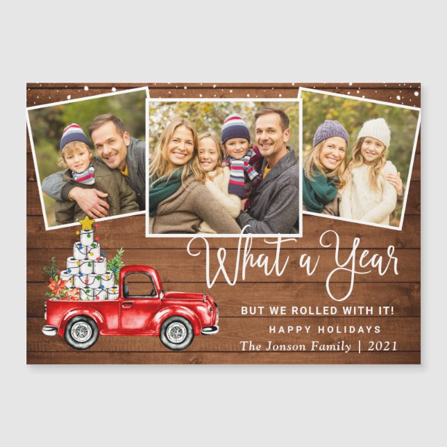 What a Year Christmas 3 Photo Magnetic Card (Front)