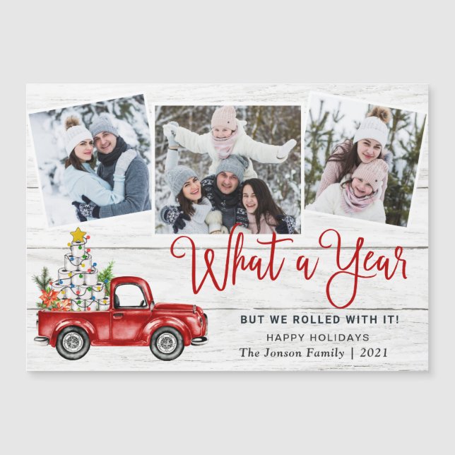 What a Year Christmas 3 Photo Magnetic Card (Front)