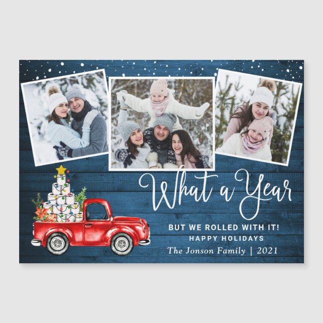 What a Year Christmas 3 Photo Magnetic Card (Front)