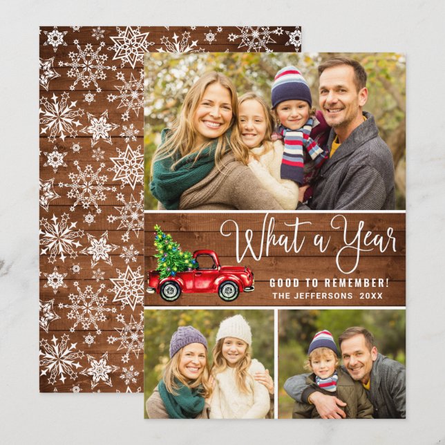 What a Year Christmas Red Farm Truck 3 Photo Boho Holiday Card (Front/Back)