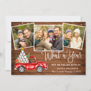 What a Year Christmas Red Farm Truck 3 Photo Holiday Card