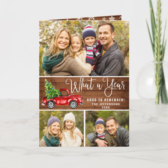 What a Year Christmas Red Farm Truck 3 Photo Holiday Card (Front)