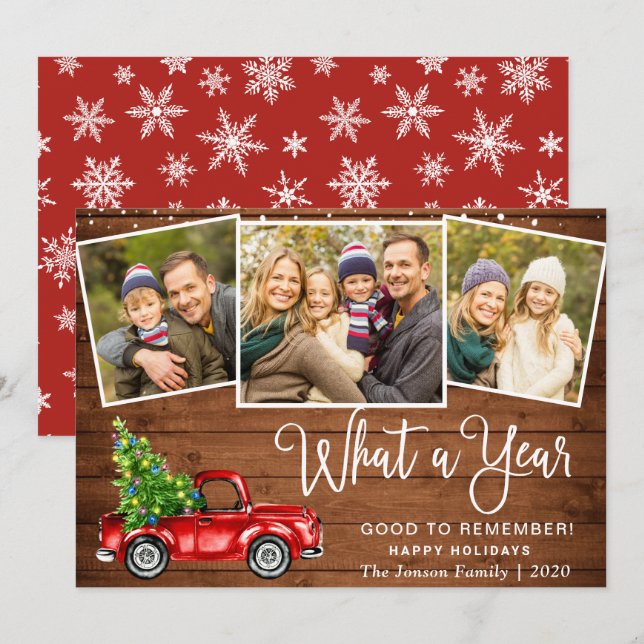 What a Year Christmas Red Farm Truck 3 Photo  Holiday Card (Front/Back)