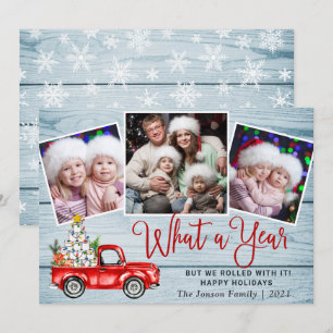 What a Year Christmas Red Farm Truck 3 Photo Holiday Card