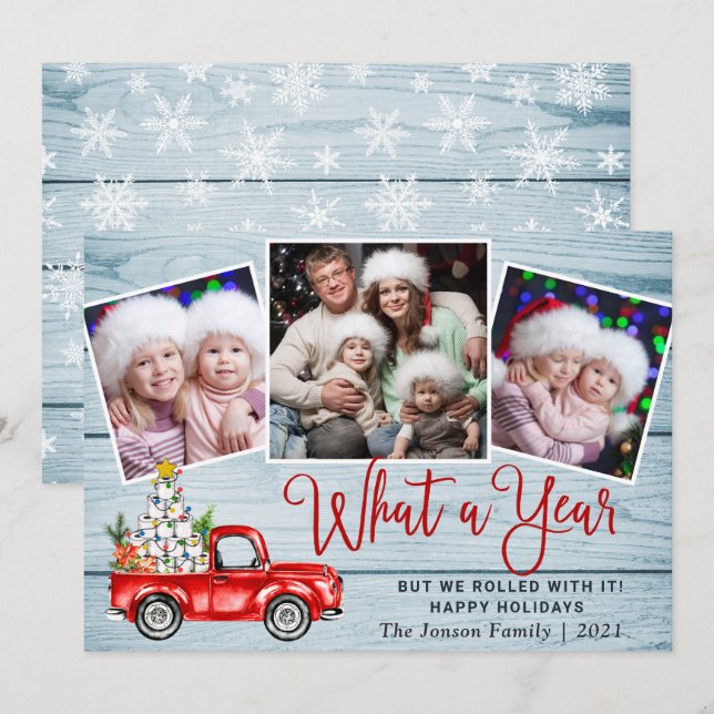 What a Year Christmas Red Farm Truck 3 Photo Holiday Card (Front/Back)
