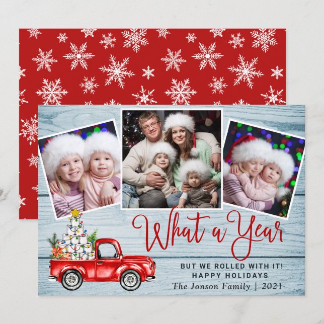What a Year Christmas Red Farm Truck 3 Photo Holiday Card (Front/Back)