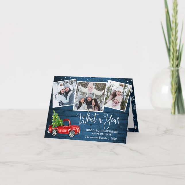 What a Year Christmas Red Farm Truck 3 Photo  Holiday Card (Front)
