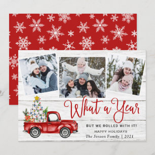 What a Year Christmas Red Farm Truck 3 Photo Holiday Card