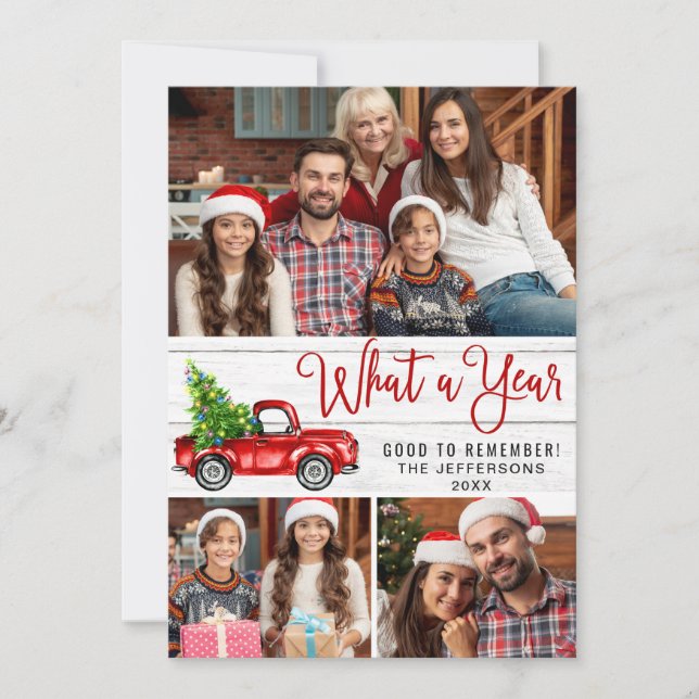 What a Year Christmas Red Farm Truck 3 Photo Holiday Card (Front)